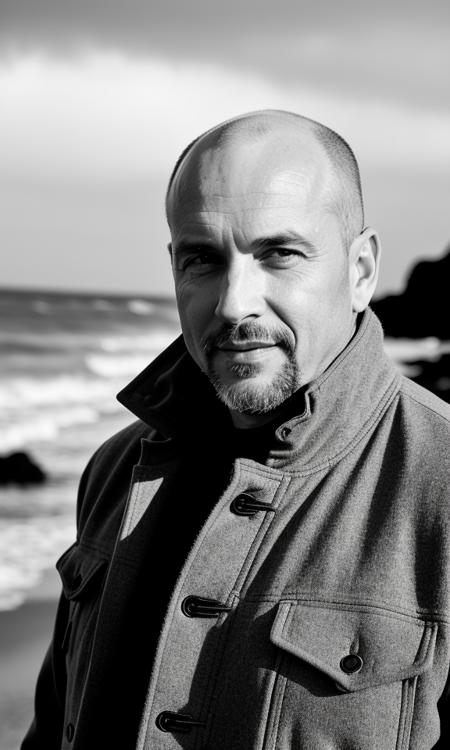 b&w photo of 42 y.o man in black clothes, bald, face, half body, body, high detailed skin, skin pores, coastline, overcast weather, wind, waves, 8k uhd, dslr, soft lighting, high quality, film grain, Fujifilm XT3