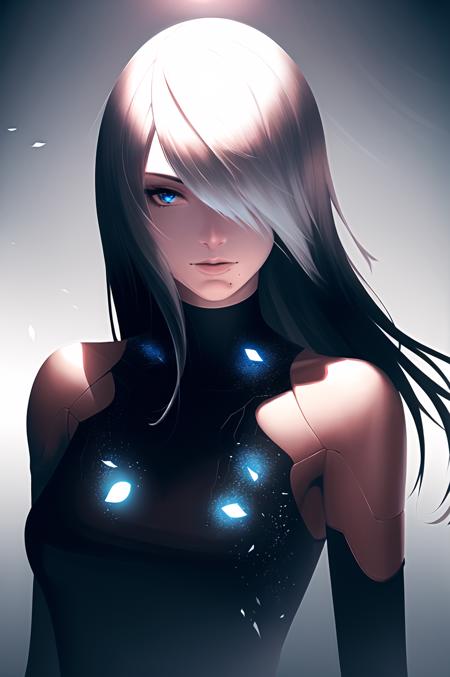 yorha type a no. 2,

1girl, android, bare shoulders, blue eyes, fog, hair over one eye, joints, light particles, long hair, mole, mole under mouth, one eye covered, portrait, robot joints, shadow, solo, white hair

robot, robot joints, mechanical parts, highres,

<lora:yorha_type_a_noDOT_2:0.7>