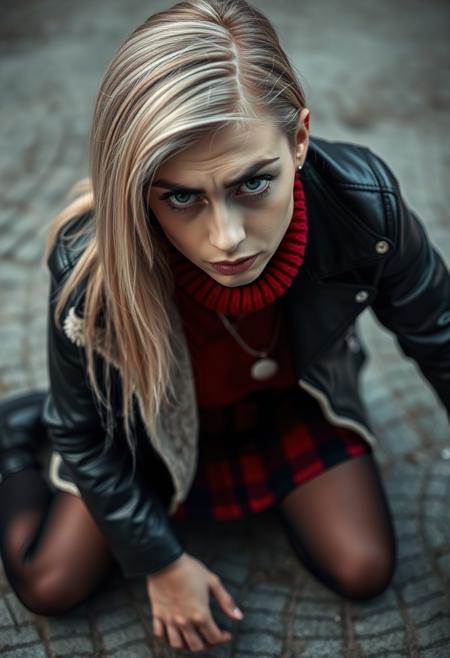 a beautiful blonde woman, kneeling,
horrified, upset, frown, eyes wide, tears, angry,
bob haircut, gray eyes, brown eyebrows, split cut eyebrow,  black leather jacket with fleece lining, red sweater, silver necklace, black red plaid mini skirt, black stockings, black combat boots, dramatic angle,  looking at viewer,