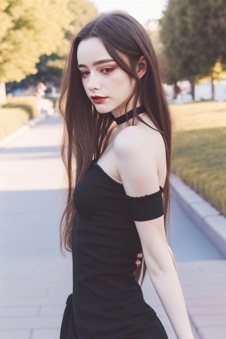 ,1girl, long hair,  , , ,  , outdoors, blurry background, ,  dress, bare shoulders, , black choker, upper body, closed mouth, ,   <lora:Dasha Taran4:0.8>