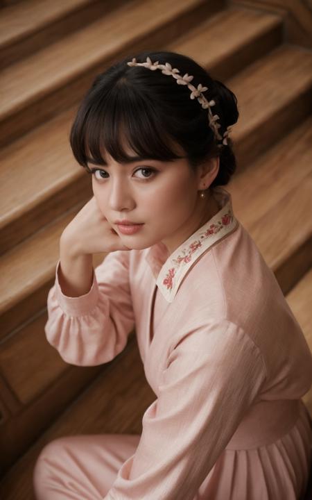 cinematic film still masterpiece, best quality, absurdres, illustration,1girl, solo, blush, looking at viewer, looking up, from above, chinese clothes, pink dress, long sleeves, brown eyes, black hair, bangs, hair bun, outstretched hand,  reaching towards viewer, lips, foreshortening, ribbon, stairs, . shallow depth of field, vignette, highly detailed, high budget, bokeh, cinemascope, moody, epic, gorgeous, film grain, grainy