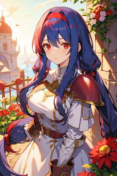 armored dress, red eyes, blue hair, bangs, sidelocks, very long hair, twintails, bangs, red hairband