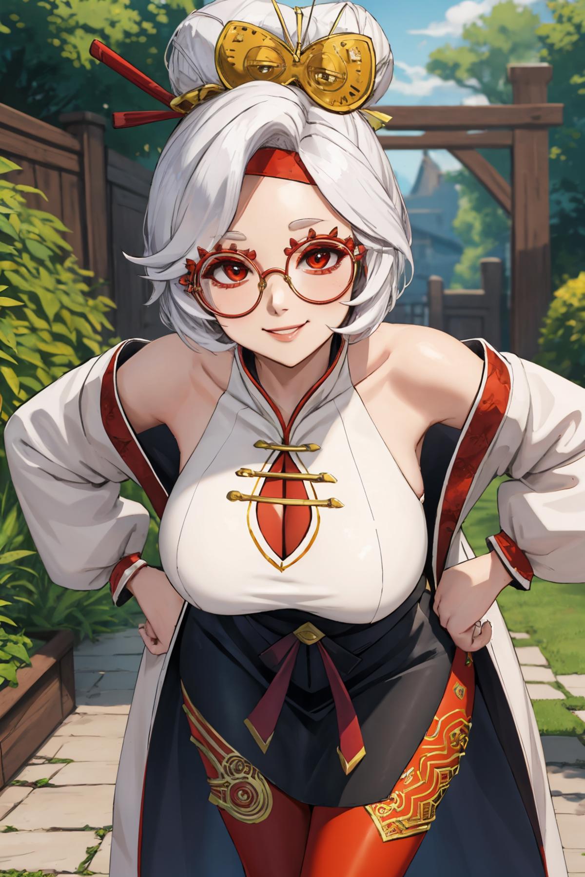 A cartoon woman with glasses and a white shirt with red trim.