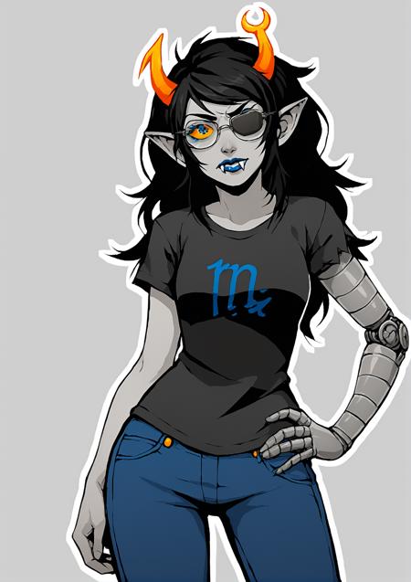 vriskaserket grey skin, yellow sclera, long black hair, horns vriskastart, jeans, tank top, jacket, shirt print, sneakers vriskadress, white dress, thighhighs vriskagod, orange clothes, hood, sun print, t-shirt, orange pants, red boots