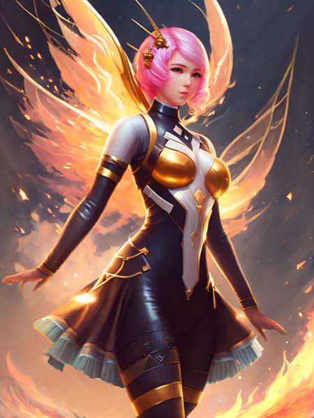 digital painting full body portrait of newtkn alisabcnv, art by midjourney, ultra detailed burning girl, mechanical wings, glowing fire particles around, highly detailed face, night settings, dark, mist, glowing bodysuit, shinny bodysuit,