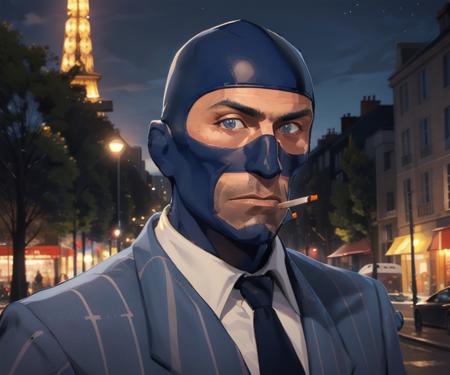 masterpiece, solo, portrait, tf2spy, bluteam, cigarette, facial hair, detailed eyes, blue suit, blue necktie, glack gloves, front view, detailed background, outdoors, looking at viewer, night, paaris, eiffel tower, <lora:spylorav1:0.8>