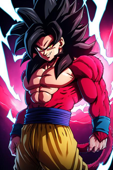  Super_Saiyan_4_Goku, 1boy, male focus, super saiyan, tail, wristband, pants, red fur, black hair energy, aura, electricity, 