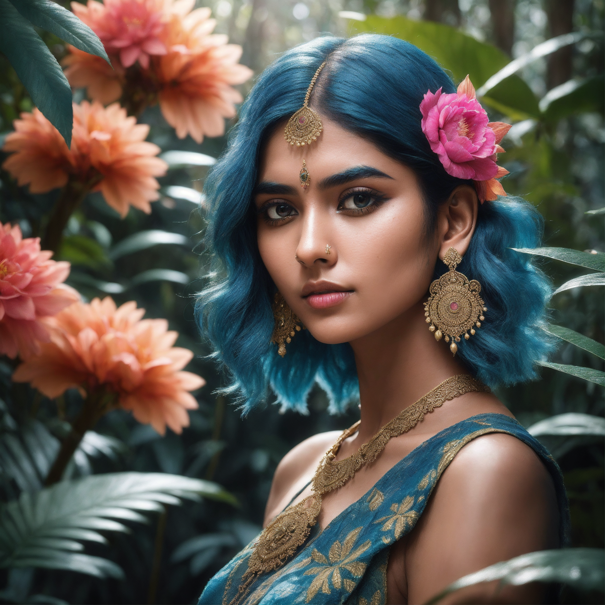 fashion photography portrait of indian girl with blue hair, in lush jungle with flowers, 3d render, cgi, symetrical, octan...