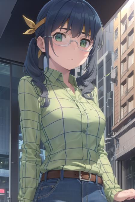 saorimakishima, <lora:saori makishima s2-lora-nochekaiser:1>,
saori makishima, twintails, blue hair, (green eyes:1.3),
BREAK shirt, glasses, belt, pants, headband, denim, jeans, plaid shirt, opaque glasses, (green shirt:1.2),
BREAK outdoors, city,
BREAK looking at viewer, (cowboy shot:1.5),
BREAK <lyco:GoodHands-beta2:1>, (masterpiece:1.2), best quality, high resolution, unity 8k wallpaper, (illustration:0.8), (beautiful detailed eyes:1.6), extremely detailed face, perfect lighting, extremely detailed CG, (perfect hands, perfect anatomy),