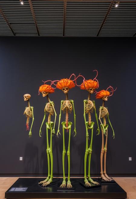 The image is a photograph of a series of humanoid figures displayed in a museum or exhibition setting. These figures are part of a diorama or exhibit, showcasing a surreal, fantastical theme. They are positioned in a row, standing upright and facing forward. Each figure is a hybrid of human and plant-like structures, resembling a cross between a human skeleton and a tree or plant.
The figures have elongated, segmented, green stems for bodies, resembling a cross-section of a plant. Their arms and legs are similarly segmented and leaf-like, with fingers and toes resembling roots or tendrils. The heads are the most striking feature, shaped like large, bulbous, orange, and red flowers or fungi, with long, twisted, tentacle-like structures emerging from them.
The figures are mounted on a dark, possibly wooden, base that is visible at the bottom. The background is a plain, dark gray wall with a modern, industrial feel, featuring a horizontal, metallic grid ceiling with recessed lighting. The lighting is bright, casting sharp shadows and highlighting the intricate details of the figures.
The overall style is a blend of surrealism and scientific realism, combining organic and inorganic elements in a fantastical, almost alien-like form.