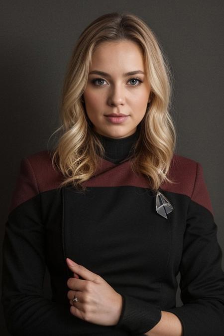 1girl, white, pretty, 29yo, light Blonde Hair, (close up:1.4), ((headshot)), red pcdst uniform, long sleeves, blurry background<lora:STPicardUniforms:0.8>