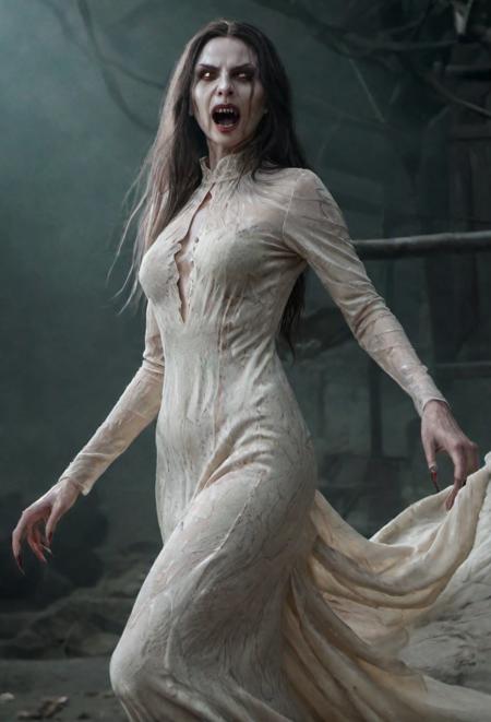 vampxl,higher vampire,true form, 8k ,masterpiece <lora:witchervampire-000005:0.79>,The image is a full-length portrait of a woman in a flowing cream dress. The dress features a high neck and long sleeves, with a large cutout on the back, and the fabric cascades down into a dramatic, floor-length train. The garment is crafted with waves and layers of fabric, creating a stunning sense of movement and depth.