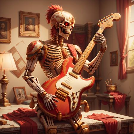 masterpiece, best quality,  <lora:RomanWorldWmar:1> romanworld, skeleton playing an electric guitar