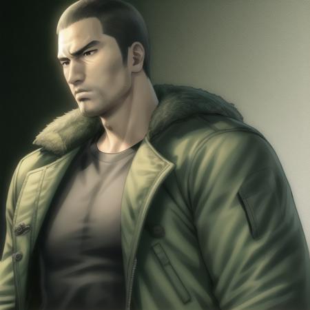 taiga saejima, man, green jacket, black shirt, looking at camera, <lora:saejima:.6>