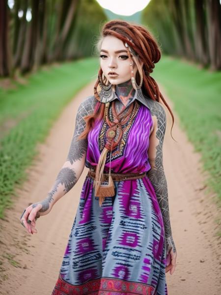 cowboy shot, m0rg1n, boho dress, hair up, ikat, batik <lora:m0rg1n_v2:1>