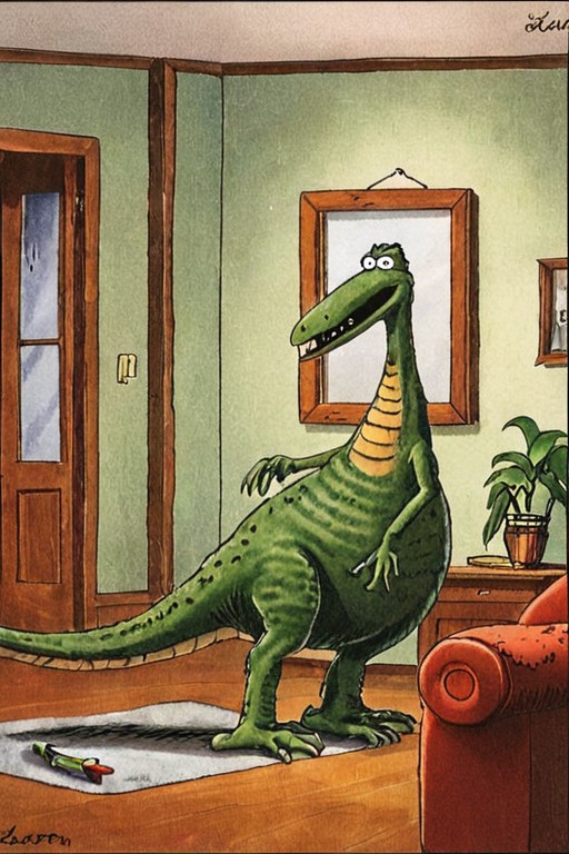 a color far side comic strip illustration of  a Velociraptor by Gary Larson, <lora:Gary_Larson_Style_XL_Color_Far_side-000...