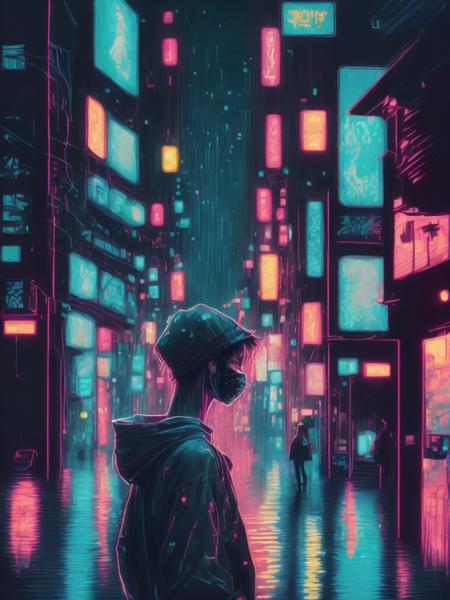 <lora:LiamWong:1>A digital painting in the style of Daito Manabe depicts a cityscape at night, the neon lights reflecting off of the wet streets. A lone figure stands in the foreground, their face hidden behind a mask as they contemplate the emptiness of modern society.