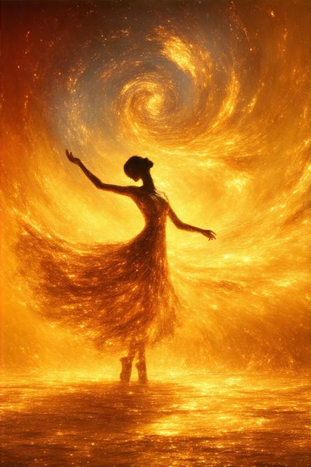 A dancing woman's silhouette emerges in fluid, interwoven strokes of molten gold, her form dissolving into a boundless field of amber and saffron under a blazing celestial light. Low-angle perspective from field level magnifies her stature against swirling horizons where Klimt’s metallic textures meet O’Keeffe’s organic curves. Backlighting etches her edges in solar flares, casting elongated shadows that ripple through textured plains like liquid silk. Heat shimmers distort the air, pollen motes glinting as her tendril-lines unfurl into ancient calligraphic symbols—a transcendent dance of ephemeral light and eternal motion.
