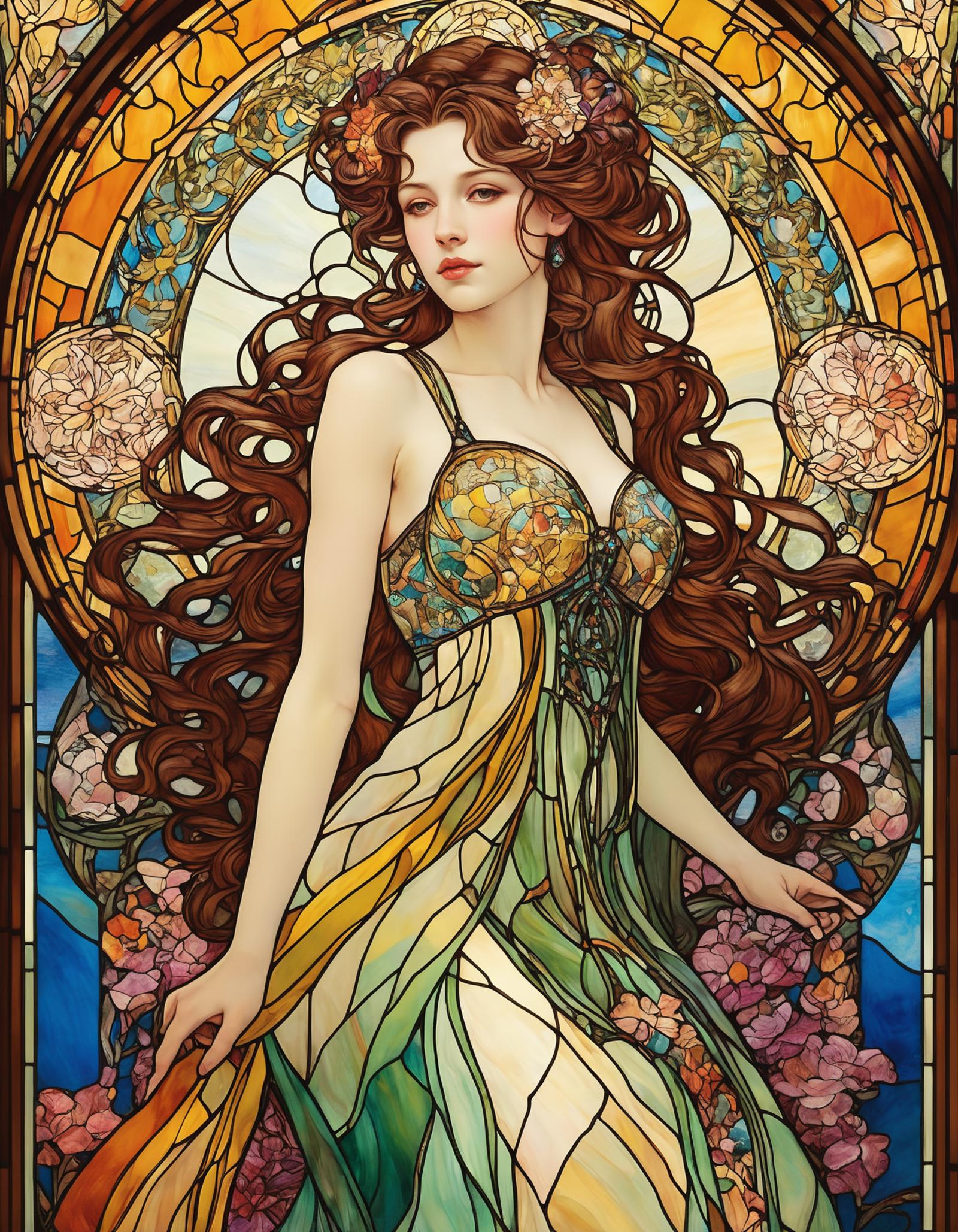 A stained glass depiction of a woman in a dress with long hair, flowers, and a blue top.