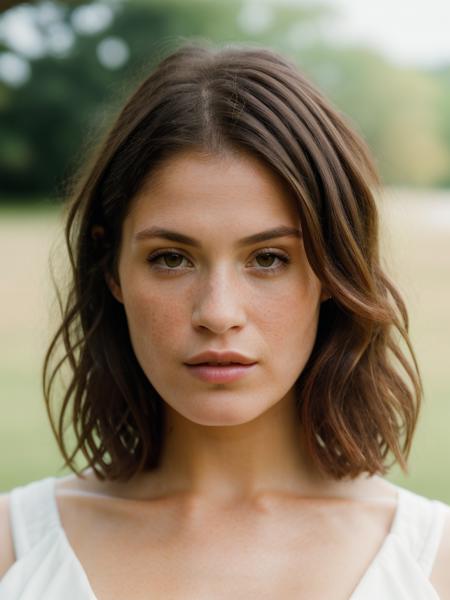 Realistic photo of a beautiful g3mm44 woman, 1girl, solo, short hair, brown hair, shirt, brown eyes, outdoors, blurry, lips, looking to the side, depth of field, blurry background, portrait, freckles, realistic, soft lighting, professional Photography, Photorealistic, detailed, RAW, analog, sharp focus, 8k, HD, high quality, masterpiece<lora:g3mm44:1.0>