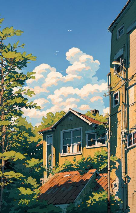 tree, no humans, scenery, outdoors, sky, cloud, building, sign, house, window, plant, cloudy sky, bush, sunset<lora:line illustrationa_20230901192549:0.83>