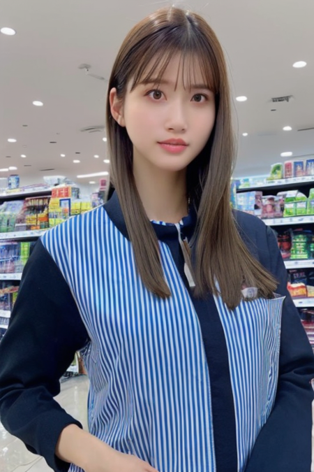 1girl wearing lawson uniform, in a blue and white uniform, in a convenience store,(RAW photo, best quality), (realistic, photo-realistic:1.4), masterpiece, an extremely delicate and beautiful, extremely detailed, 2k wallpaper, Amazing, finely detail, extremely detailed CG unity 8k wallpaper, ultra-detailed, highres, soft light, beautiful detailed girl, extremely detailed eyes and face, beautiful detailed nose, beautiful detailed eyes,perfect anatomy,soft light,slender body,standing,