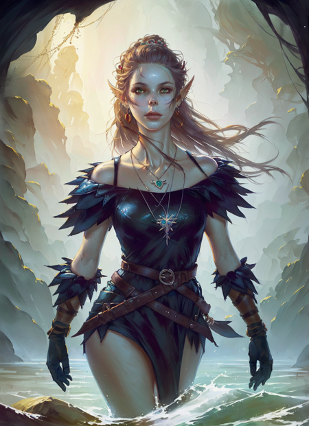 githyanki, female, solo, long hair, breasts, hair ornament, gloves, dress, holding, bare shoulders, jewelry, earrings, pointy ears, belt, sword, water, necklace, wading,  green skin
, ((masterpiece, best quality)), art by greg rutkowski, artwork trending on artstation  <lora:githyanki_offset:1>