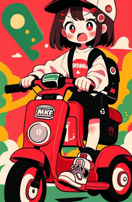 masterpiece, best quality
cute doodle, 1girl, ground vehicle, backpack, motor vehicle, shorts, open mouth, hat, black shorts, shoes, bag, hair ornament, shirt, hairclip, solo, blush, white shirt, long sleeves, red eyes, sneakers, short hair, black hair, brown hair
<lora:Cutedoodle_SD15-000008:0.65>