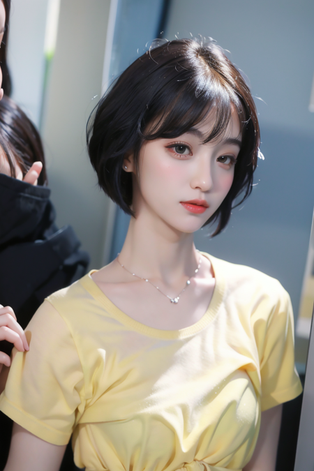 ((masterpiece)), (best quality), photorealistic, best quality, 1 girl, shirt, short hair, looking at viewer, Face details:1.4, yellow t-shirt, subway background:1.4, upper body <lora:Yubin-01:1>