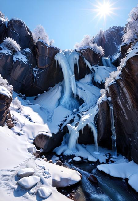 score_9, score_8_up, score_7_up, score_6_up, score_5_up, score_4_up, (absurdres, best quality, masterpiece:1.4), illustration, photorealistic, cinematic lighting, dynamic angle, perfect composition, ice, frozen waterfall, icy cliffs, crystal clear, snow-covered rocks, serene, winter landscape, sparkling in the sun, untouched, tranquil