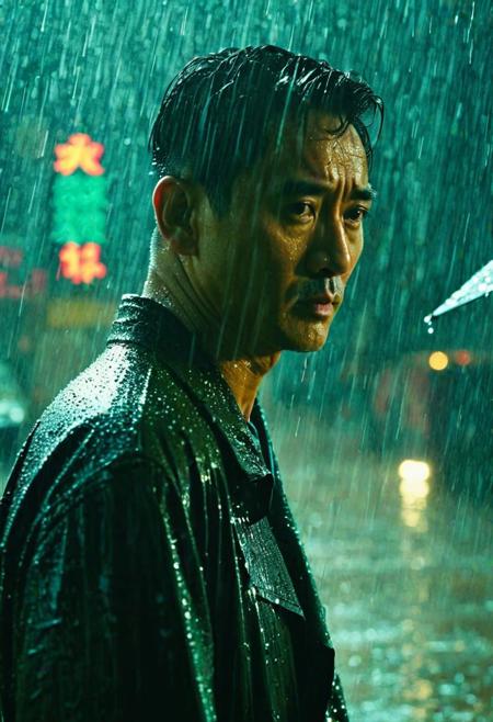 The texture of a Wong Kar Wai movie, a strong man standing in the rain, making fighting movements, the texture of a movie, Ultra High Definition, 4K, Outstanding, Detailed