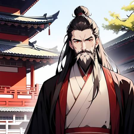 best quality,masterpiece,(1male,elder),very long hair,very long beard,hanfu,ffgufengdamoff,closed mouth,outdoor,east asian architecture,upper body,(blurry background:0.4),