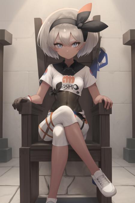 masterpiece, best quality, highres,  <lora:BeaPokemon:1>, 1girl, solo, shorts, bodysuit under clothes, hairband, bodysuit, short sleeves, single glove, shirt, black hairband, print shirt, black bodysuit, collared shirt, looking at viewer,  closed mouth, bow hairband, indoors, sitting on a throne, throne, crossed legs, (stone throne), cathedral, red throne,