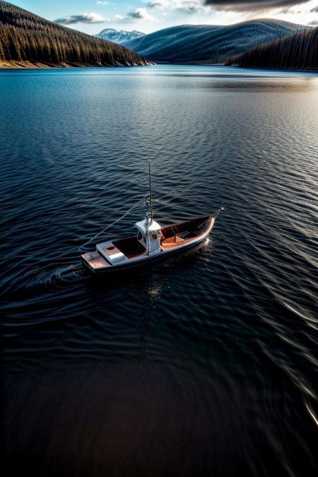 masterpiece, best quality, ultra-detailed, realistic, 8k, RAW photo, distant-view, (fisherman fishing troubles on small boat on lake, small fish were flying on the water around the fisherman:1.37), eagle on distant trying to catch the fish, emphasize some little birds flying around, award winning realistic photography, early morning,  beautiful clouds, dappled sunlight, scenery photography, perfect shadow, perfect natural lighting, rich colors, perfect composition, intricate details, absurdres, perfect colors, flawless complexion photo, perfect intricate detailed, very aesthetic, surreal, lifelike, real life scenery photo, top quality, trending on artstation, meadows, glitter, prettiest landscape, all kinds of flowers, small flowers field, pine tree, fantastic, stunning, outstanding, early morning, sunrise sky, beautiful clouds, dappled sunlight, breathtaking beautiful nature photo, out-of-this-world scenery, perfect reflection on water, depth of field, fisherman best day, detailerlora,