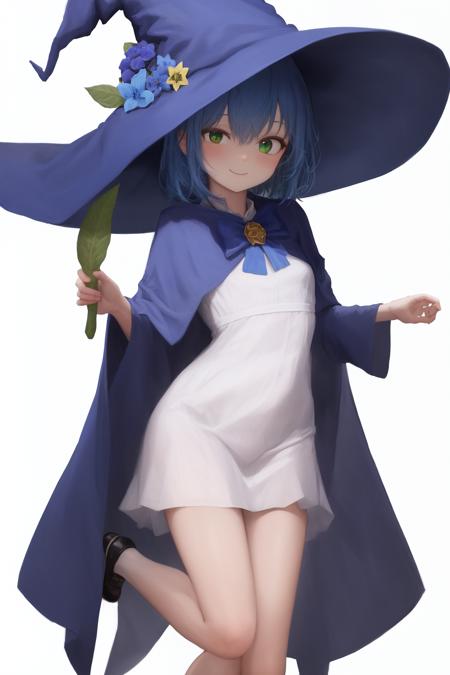 masterpiece, best quality, sharon, 1girl, witch hat, blue hair, short hair, green eys, full body, sharon, 1girl, witch hat, blue hat, blue robe, smile, one eye open, blue hair, short hair, white background, brooch, flower hat decoration, blue ribbon, small dress, white dress, blue bow, green eyes,