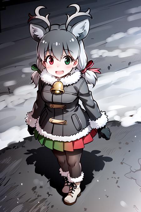 <lora:ReindeerKemonofriends_Tonakai (1):0.7>,TONAKAI,
1girl,solo,masterpiece, best quality, high quality,delicate facial features,,mishoujo,hyper_detail,game cg, finely detailed beautiful eyes and detailed face,lustrous skin,colorful
TONAKAI, Reindeer_(kemono_friends), reindeer antlers, heterochromia, deer ears, deer horn, twintails, green eye, red eye, multicolored hair, white hair, grey hair, hair between eyes, deer tail, short hair, short twintails,
Gray_pantyhose, neck bell, pleated skirt, gloves, winter coat, boots, fur trim, fur collar, ribbon, long sleeves, (collar_skirt:1.2),green skirt, red skirt, gray coat
(looking at viewer:1.3),(standing:1.3),(full_body:1.3), blush, smile,open mouth
(Field:1.3),mountain,blue sky,cloud, snow, snowflakes