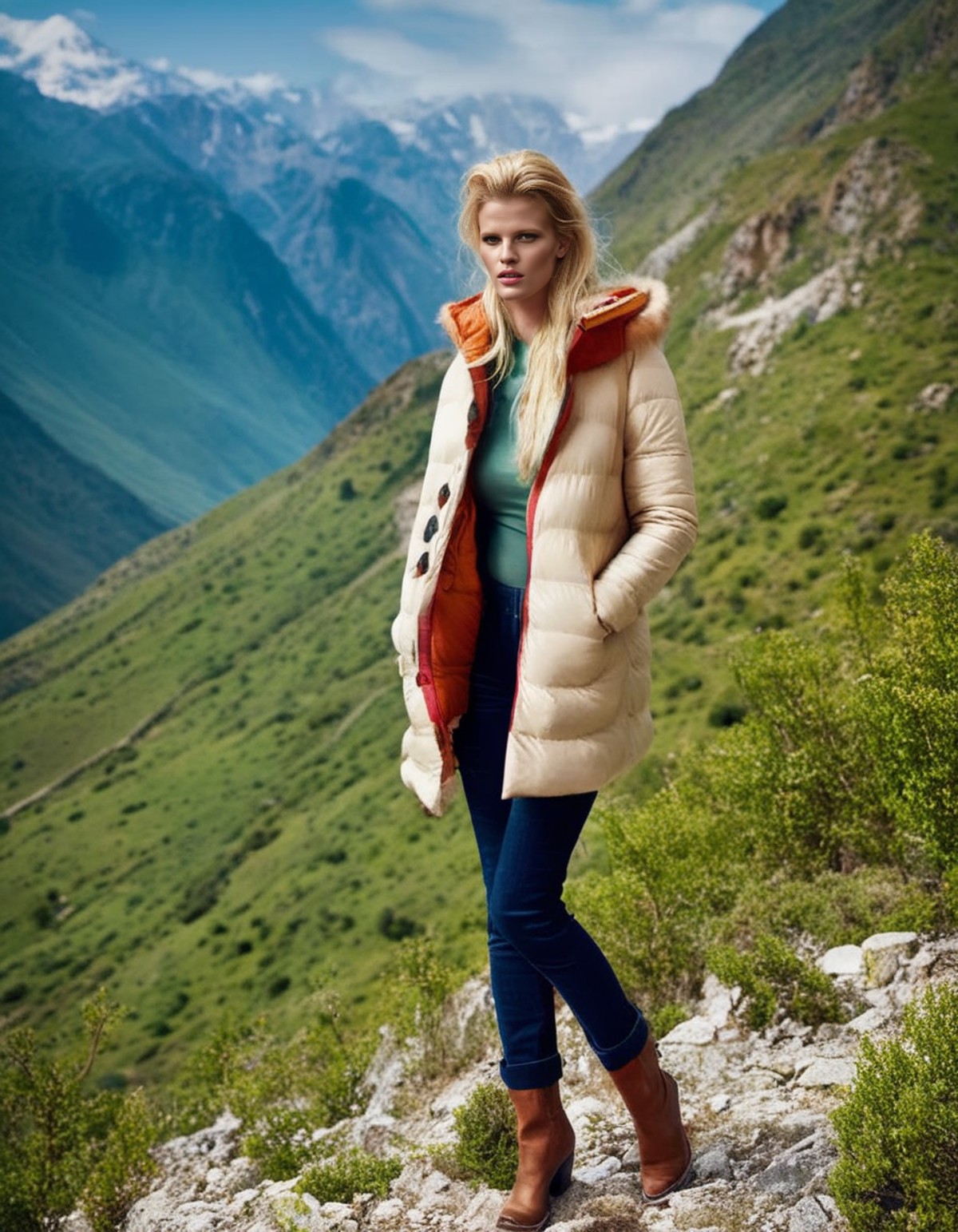 Iran, <lora:LaraStone:1> Lara Stone, a dutch model, 23 year old, posing hiking in the mountains, decently clothed, profess...