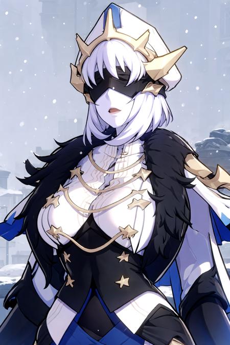 woman, white hair, large breasts, upper body, blindfold,hair ornament, <lora:Guardian_Shadow:0.8>, snow, winter