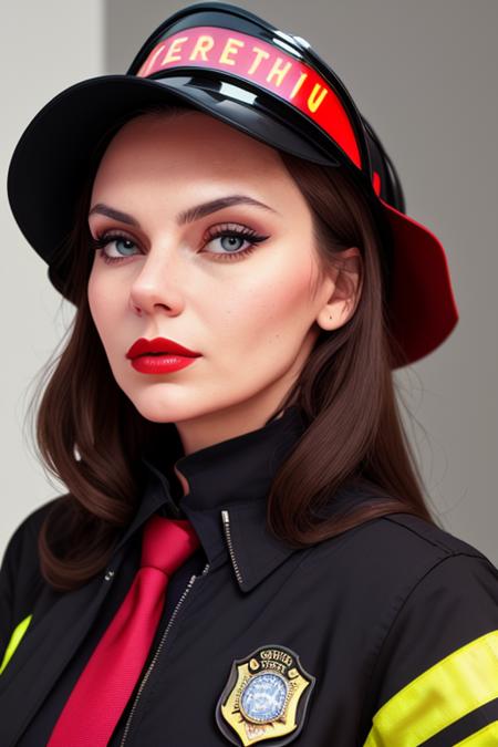 photo of a woman, dafnek-5352:0.99, ((pale skin):1.1), ((dark brown hair):1.1),((fire fighter hat, firefighter jacket, shirt, necktie):1.2), ((fire, explosions, outdoors, at night):1.2), ((red lipstick, eyeliner, eye shadow, blush)), ((best quality, masterpiece, extreme details, high resolution):1.2),((detailed eyes, beautiful eyes, detailed face, beautiful face):1.2), ((closeup, portrait))