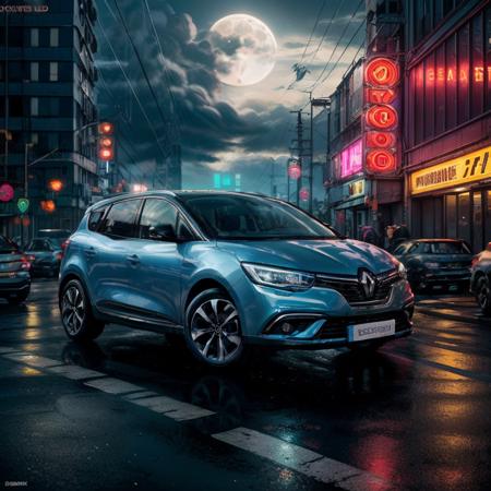 ((Masterpiece, Best Quality, 8k))RenaultScenic, a black car driving on the road in a cyberpunk city, dark, buildings, moon, clouds, sharp focus, photo by greg rutkowski, soft lighting, super resolution, ultra hd, megapixel, Realism, RTX, Ambient Occlusion, Neon Lights, Neon, Neon Lighting <lora:renault_scenic:0.45> <lora:more_details:0.65>