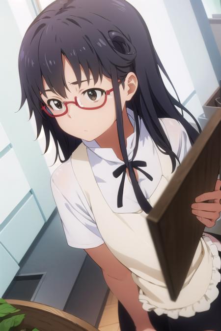 mayamatsumoto, <lora:maya matsumoto s2-lora-nochekaiser:1>,
maya matsumoto, long hair, black hair, (brown eyes:1.3), glasses, apron, semi-rimless eyewear, red-framed eyewear, under-rim eyewear,
BREAK apron, waitress,
BREAK indoors, restaurant,
BREAK looking at viewer, (cowboy shot:1.5),
BREAK <lyco:GoodHands-beta2:1>, (masterpiece:1.2), best quality, high resolution, unity 8k wallpaper, (illustration:0.8), (beautiful detailed eyes:1.6), extremely detailed face, perfect lighting, extremely detailed CG, (perfect hands, perfect anatomy),