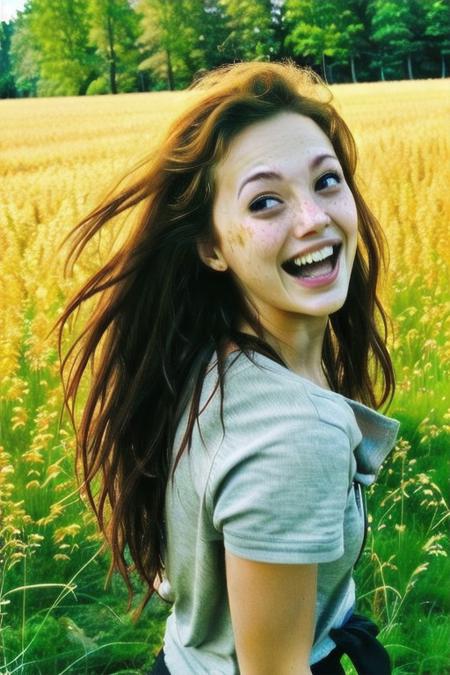 kgface, a photo of a young woman in a field, happy, dancing, brown hair, large breasts, freckles