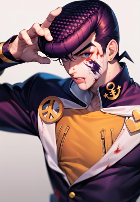 blood, injury, ((dramatic)) , 1boy,  <lora:josukejojo2:1.2> , ((solo)), wearing gakuran, (best quality), (ultra detailed),(highres), absurdres, ((josukejojo)), closeup halfbody ,  blood, blood splatter, 1997 retro style,  anime style, detailed art, dark background, horror elements, 4k, HD, pixiv, fanart,