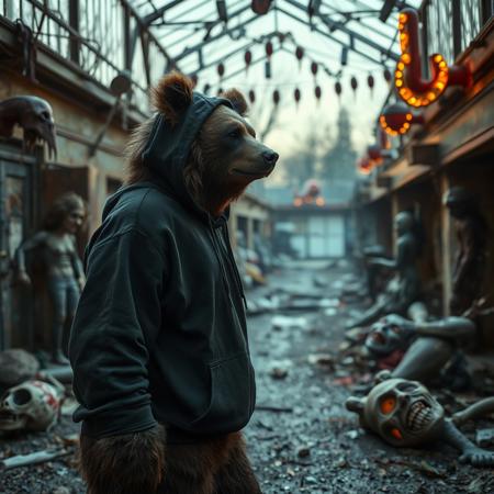 An anthro grizzly bear urban explorer wearing a black hoodie is walking through a house of horrors in an abandoned amusement park. Various deteriorated and broken scary props are lying around. It is late evening and the scene has an eerie atmospheric cinematic look with contrasting shadows and light.