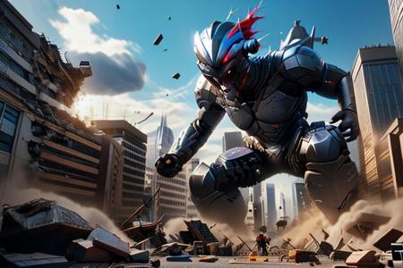 ultra good quality, semi-realism, detailed, cel shading, negative space,
1boy and monsters, 1boy goblin slayer, armor, fur collar, helmet, plume, glowing eye, 
building,battle,city,monster,destruction,serious,v-shaped eyebrows,concentrating,
enormous goblin, debris, looking at another,debris,(((looking at another, size difference)))
