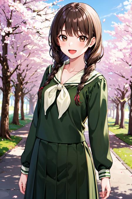 masterpiece, best quality, highres, aayoshino, long hair, twin braids, brown eyes, hair over shoulder, school uniform, sailor collar, neckerchief, green shirt, sailor shirt, long sleeves, green skirt, long skirt, <lora:shimazu_yoshino_v1:0.7>, standing, cowboy shot, outdoors, cherry blossoms, smile, open mouth,