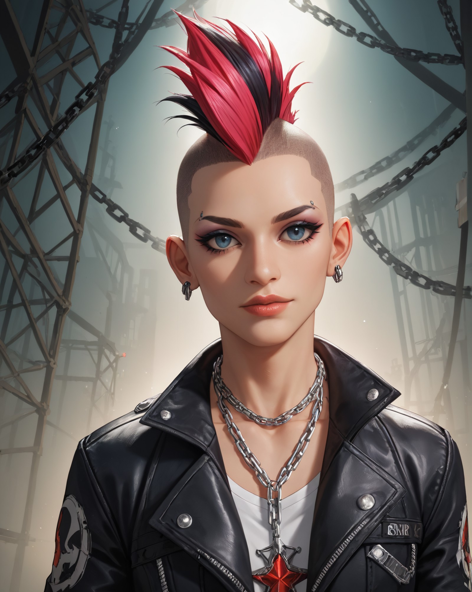 punk outfit, colored Mohawk hair, chain necklace, atmospheric, cinematic, high detail, masterpiece, zPDXL