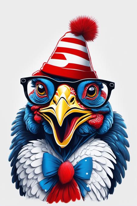 leonardo style, illustration,hand drawing black and white turkey wearing christmas red white blue hat covering the head, red rounded glasses, red tie with white small dots, big smile and happy look, ultra HD, hi_resolution, high_definition.<lora:leonardo_illustration:1>