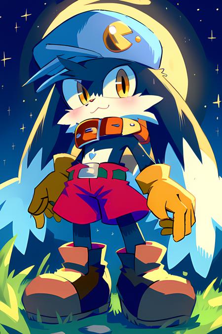 Klonoa, blue hat, red collar, red shorts, brown boots, yellow gloves, yellow eyes Klonoa, blue hat, blue shirt, zipper pull tab, blue shorts, red boots, yellow gloves ring, holding ring, green gem backwards hat