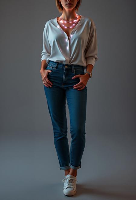 subdermal LED halo necklace, (internal LED glow:1.7), (embedded LEDs:1.8) forming evenly spaced glowing rings beneath the skin, soft light radiating outward from the collarbone, (natural skin tone:1.5), paired with a stylish casual outfit, (high-waisted jeans:1.4), (loose, tucked-in blouse:1.4), (simple leather sneakers:1.3), high-definition, (ultra-realistic textures:1.7), (soft natural makeup:1.3), glowing subdermal halo design integrated seamlessly into the outfit, modern yet comfortable, casual elegance with a futuristic edge, (worn jewelry:-1.8), (visible chains:-1.8), (unnatural glow:-1.5), (clunky design:-1.4)